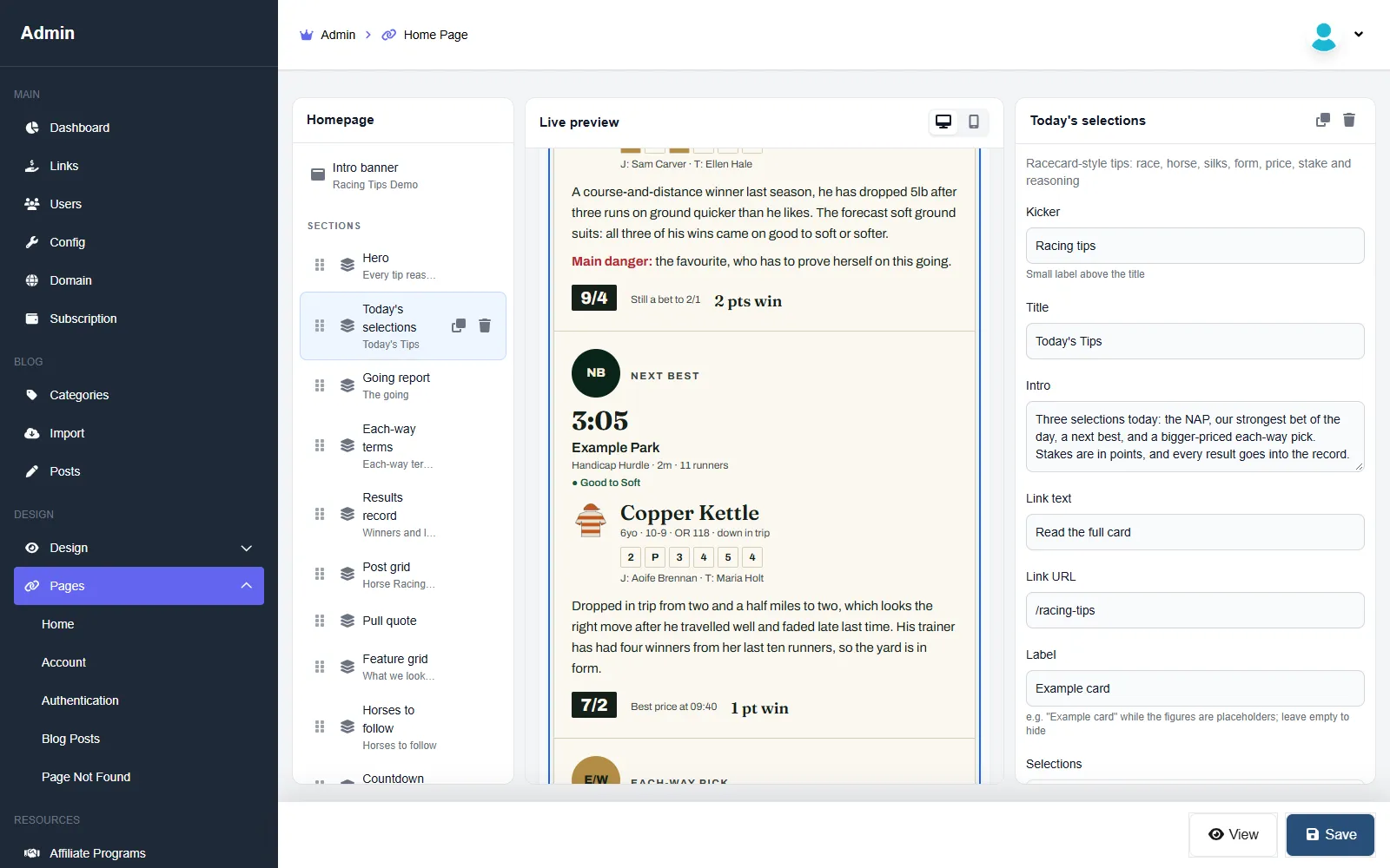 The page editor: the section list, a live preview and the selected section's settings