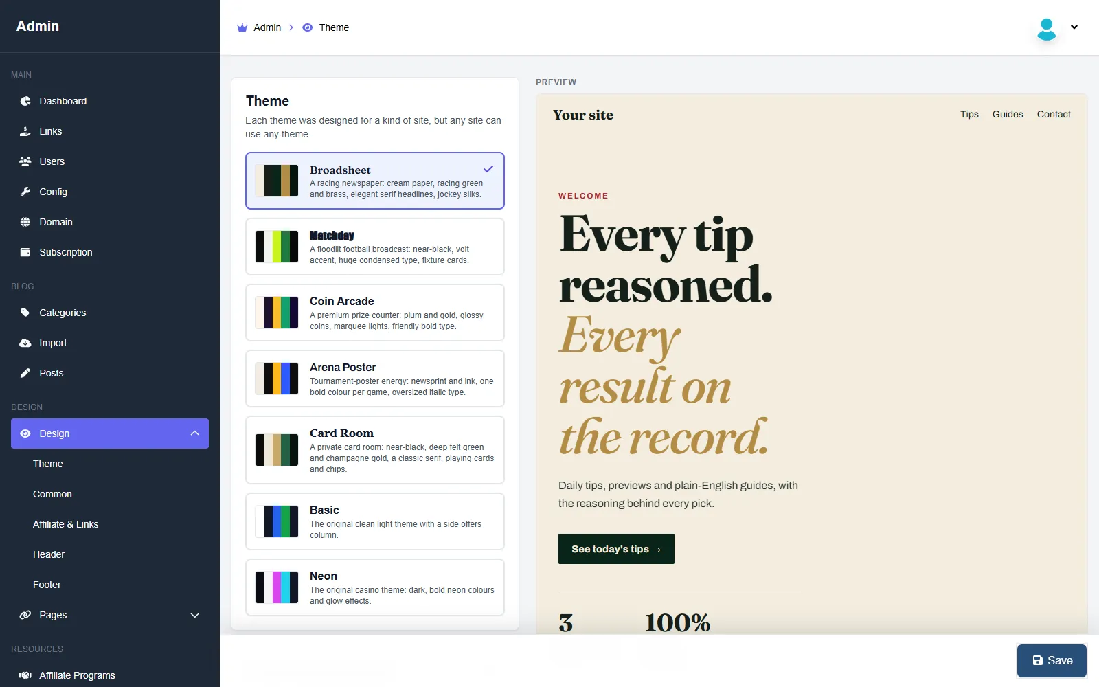 The theme editor: seven themes with a live preview of colours and fonts