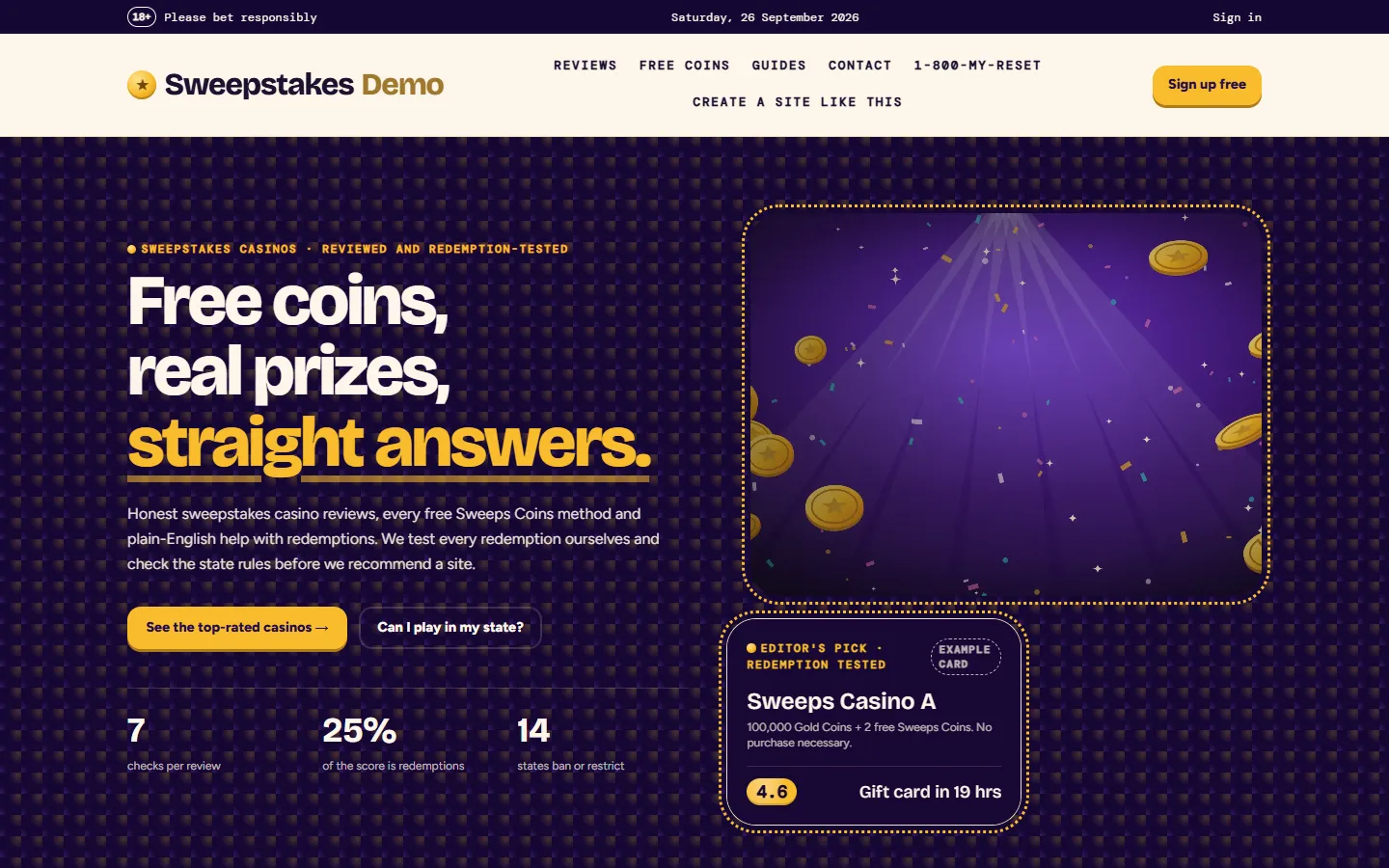 Sweepstakes casinos website template: the live demo on the Coin Arcade theme