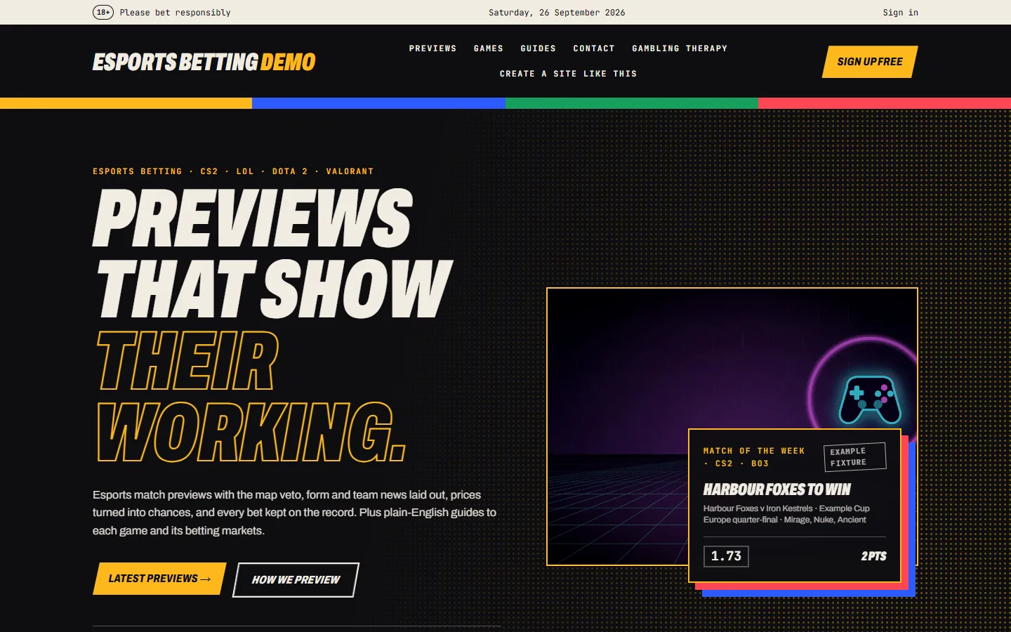 Esports betting website template: the live demo on the Arena Poster theme