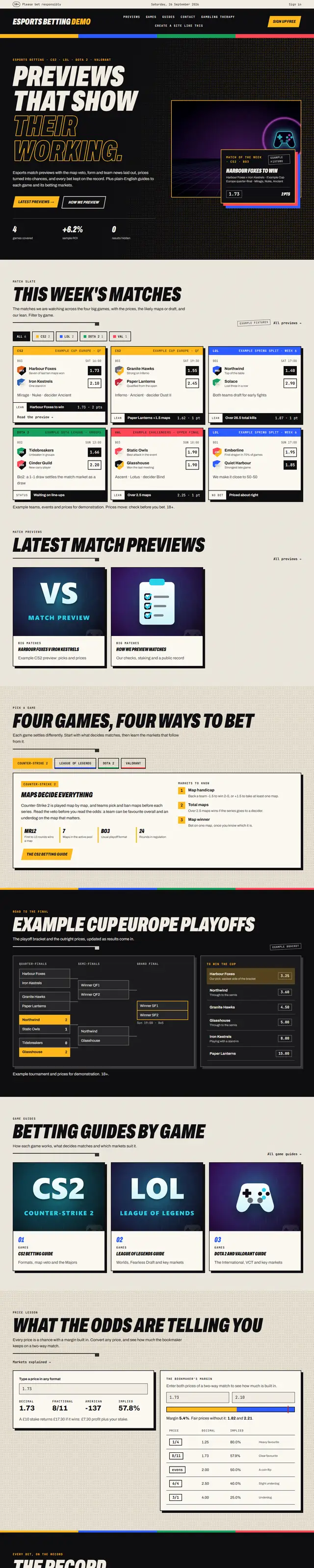 The esports betting demo home page on the Arena Poster theme
