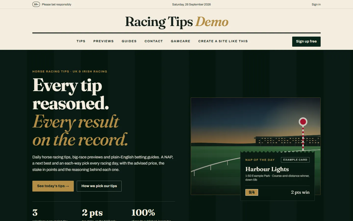 Horse racing tips website template: the live demo on the Broadsheet theme