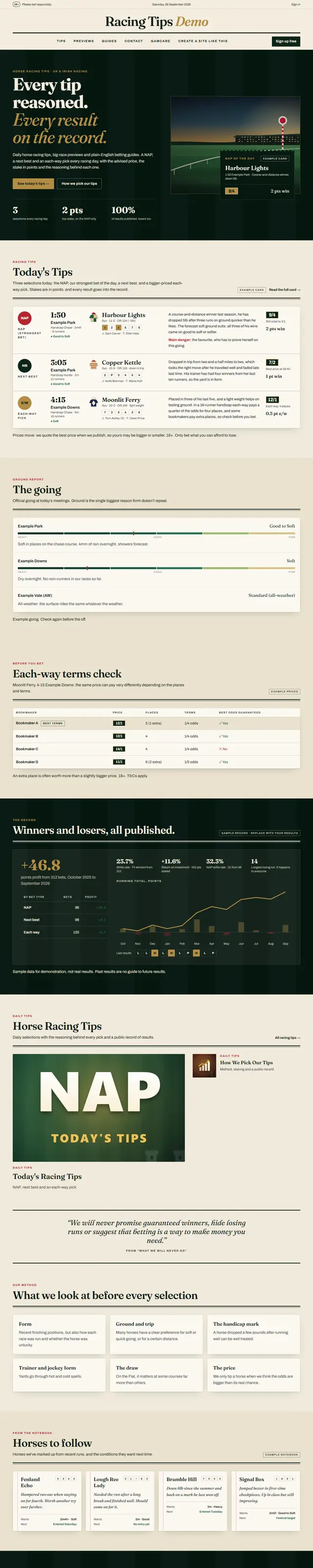 The horse racing tips demo home page on the Broadsheet theme