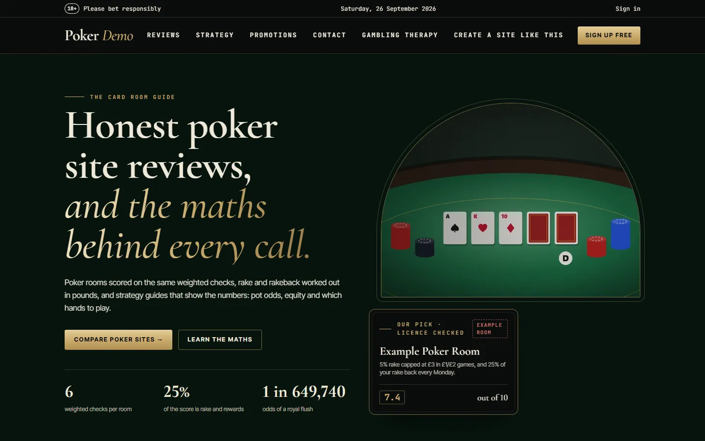 Poker website template: the live demo on the Card Room theme
