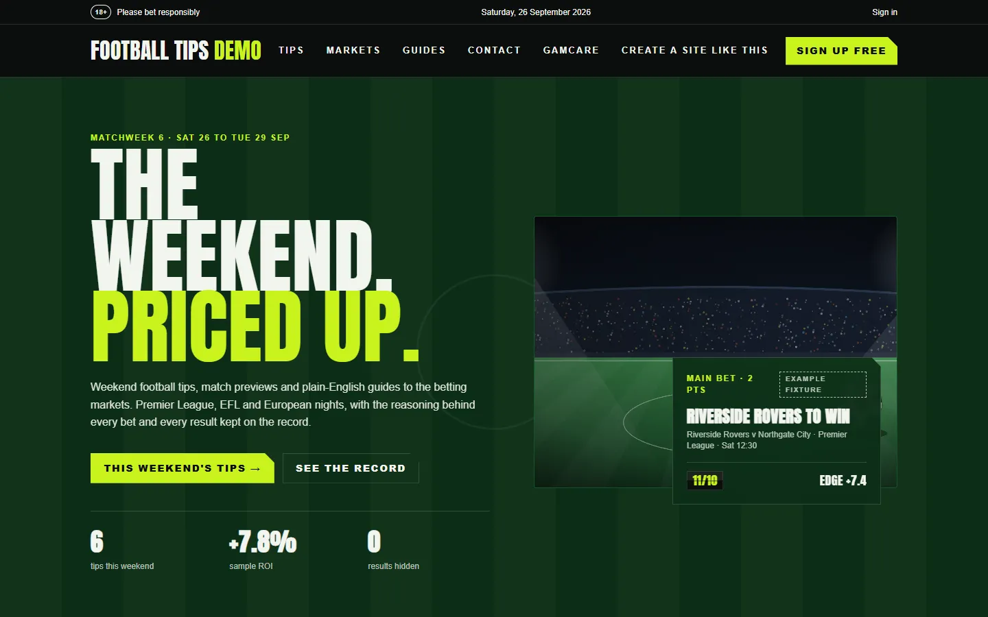 Football betting tips website template: the live demo on the Matchday theme
