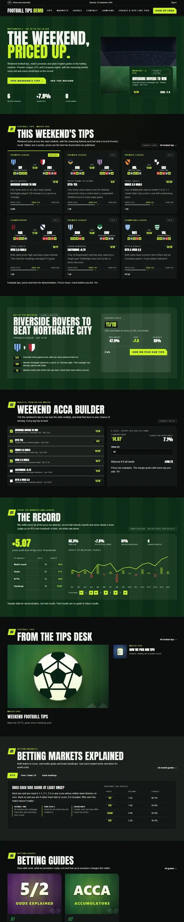 The football betting tips demo home page on the Matchday theme
