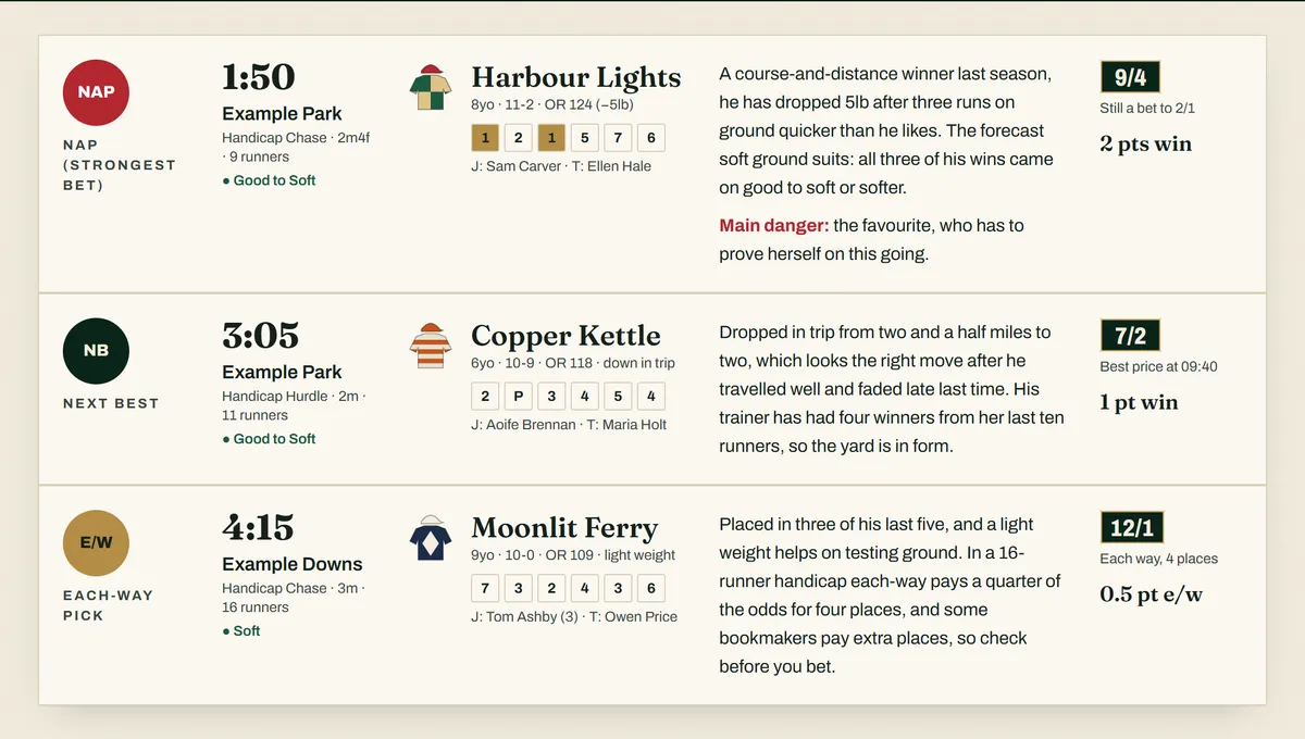 Racecards with jockey silks on the Broadsheet demo